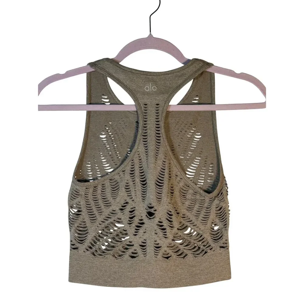 Alo Yoga Seamless Open Knit Racerback Tank Top Women's S Gray Activewear